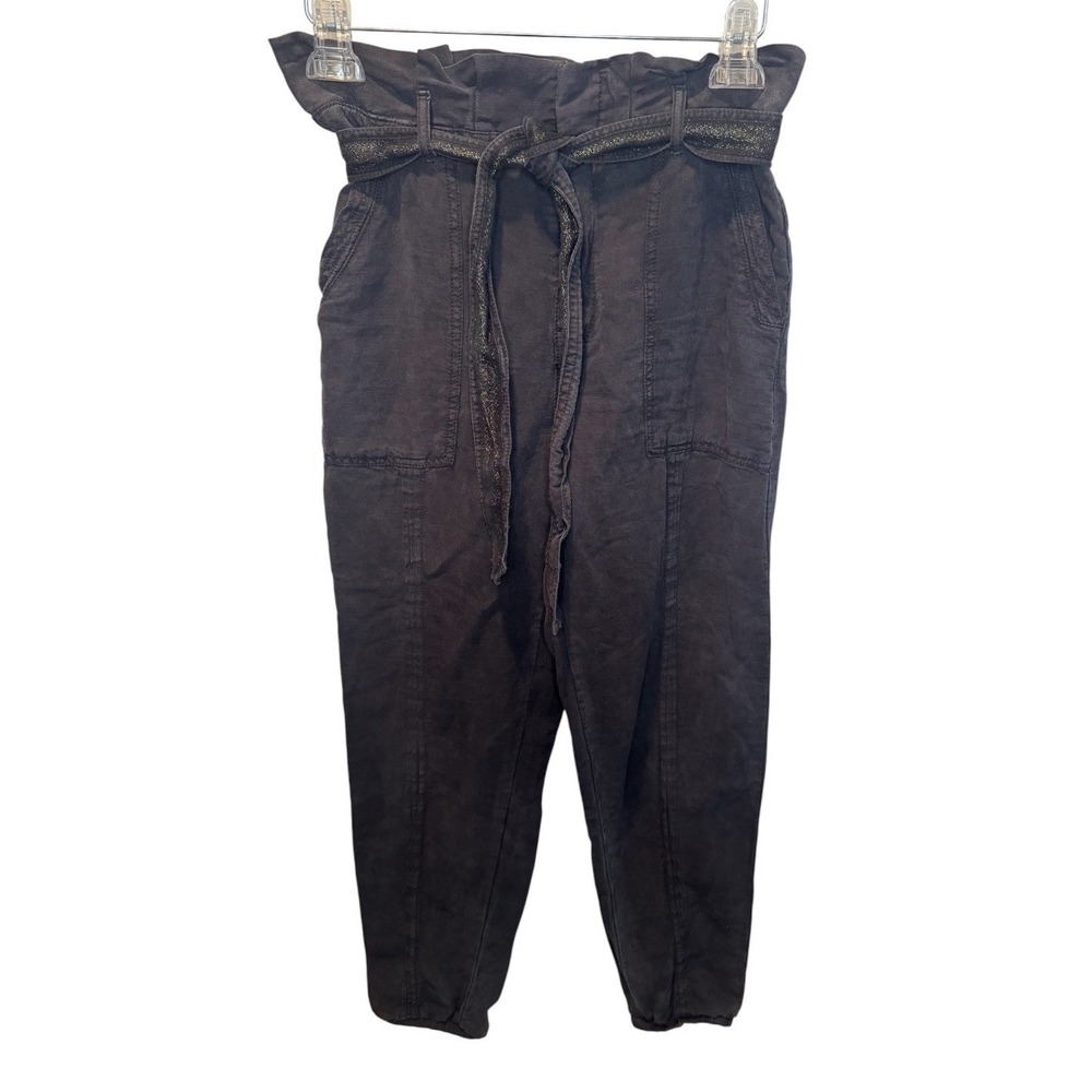 Anthropologie Paper Bag Waist Pants Charcoal Gray Garment Dyed Tapered Belted 2